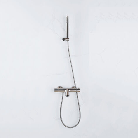 FugaFlow Eccelente Sobrado Robinet de baignoire thermostatique avec douchette stick, support et flexible en métal Inox brossé PVD (1/4)