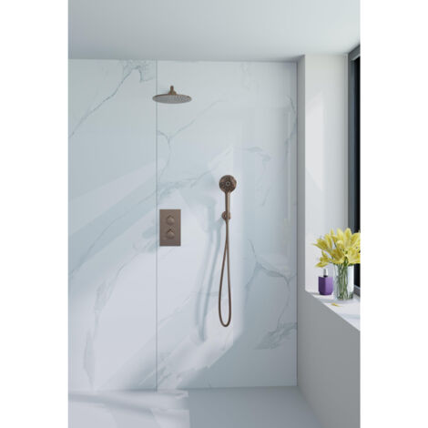 Fortifura Calvi Ensemble de douche pluie encastrable - thermostatique - bras mural - pommeau 25cm - douchette ronde - Cuivre brossé