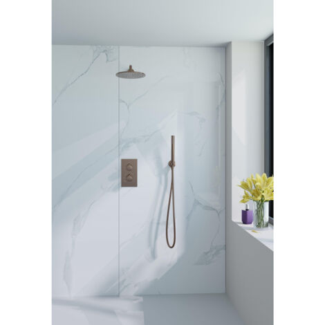 Fortifura Calvi Ensemble de douche pluie encastrable - thermostatique - bras mural - pommeau 25cm - douchette stick - flexible lisse - Cuivre