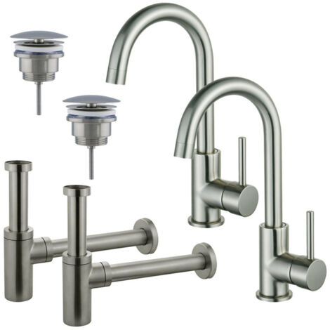 FugaFlow Eccelente Sobrado Kit robinet lavabo - pour double vasque - robinet haut - bec rotatif - bonde non-obturable - siphon design - Inox brossé (1/4)