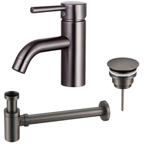 FugaFlow Eccelente Sobrado Kit mitigeur lavabo - robinet bas - bonde non-obturable - siphon design bas - PVD Gunmetal (1/4)
