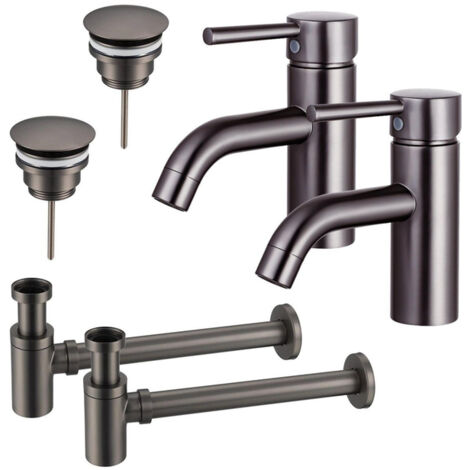 FugaFlow Eccelente Sobrado Kit robinet lavabo - pour double vasque - robinet bas - bonde non-obturable - siphon design bas - Gunmetal PVD (1/4)