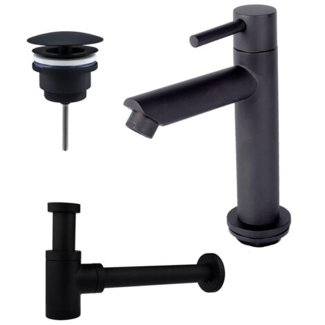 FugaFlow Eccelente Sobrado ensemble de robinets de lave-mains avec robinet de lavabo sur pied bas, bouchon toujours ouvert et siphon design noir mat (1/4)