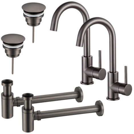 FugaFlow Eccelente Sobrado Kit robinet lavabo - pour double vasque - robinet haut - bec rotatif - bonde non-obturable - siphon design bas - Gunmetal (1/4)
