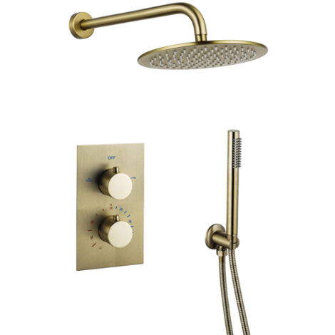 FugaFlow Eccelente Sobrado Ensemble de douche pluie encastrable avec thermostat pommeau de douche 25cm et douchette stick Laiton brossé PVD