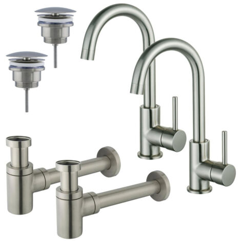 FugaFlow Eccelente Sobrado Kit robinet lavabo - pour double vasque - robinet haut - bec rotatif - bonde non-obturable - siphon design bas - Inox (1/4)