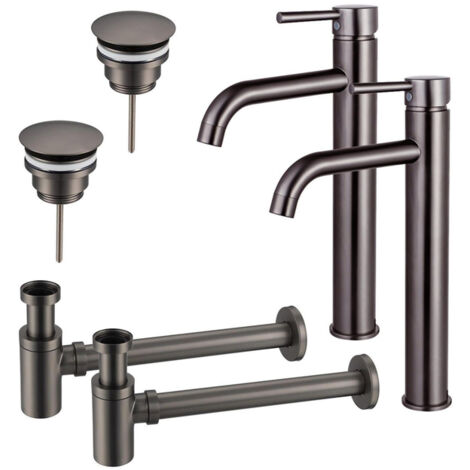 FugaFlow Eccelente Sobrado Kit robinet lavabo - pour double vasque - robinet rehaussé - bonde non-obturable - siphon design bas - Gunmetal PVD (1/4)