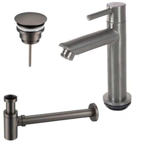 FugaFlow Eccelente Sobrado ensemble de robinetterie pour lave-mains avec robinet bas sur pied, bonde toujours ouverte et siphon design PVD Gunmetal (1/4)