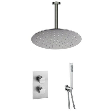 Fortifura Calvi Ensemble de douche pluie encastrable - thermostatique - bras plafond - pommeau 25cm - douchette stick - flexible lisse - Inox brossé (1/5)