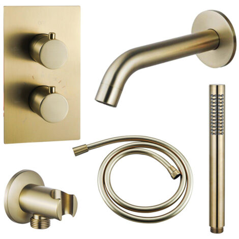 Fortifura Calvi Robinet de baignoire - bec 22cm à raccourcir - flexible - douchette stick - partie encastrable - support mural - Laiton brossé (1/5)