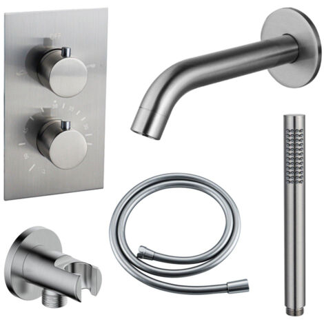 Fortifura Calvi Robinet de baignoire - bec 22cm à raccourcir - flexible - douchette stick - partie encastrable - support mural - Inox brossé (1/5)