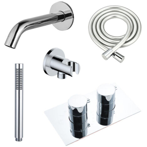 Fortifura Calvi Robinet de baignoire - bec 22cm à raccourcir - flexible - douchette stick - partie encastrable - support mural - chrome (1/5)