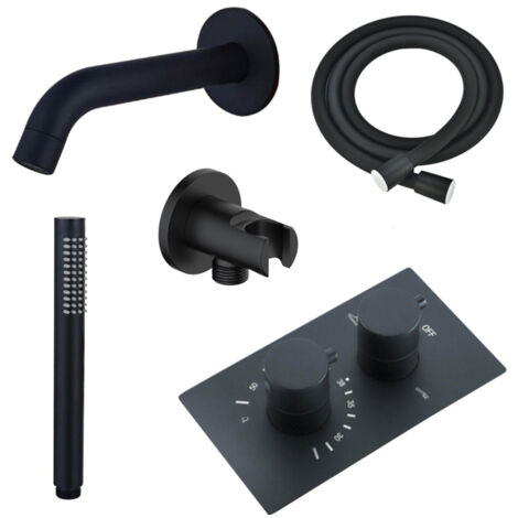 Fortifura Calvi Robinet de baignoire - bec 22cm à raccourcir - flexible - douchette stick - partie encastrable - support mural - noir mat (1/5)