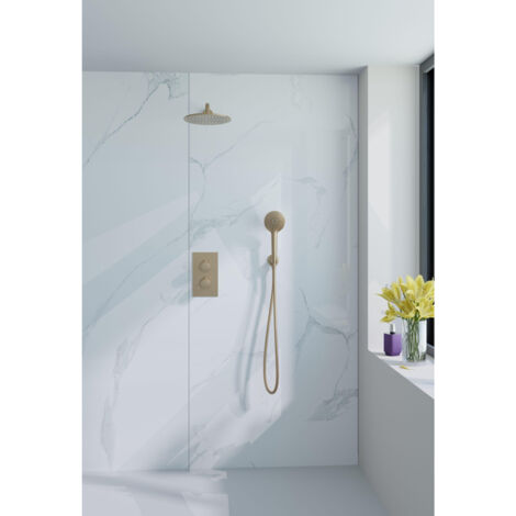 Fortifura Calvi Ensemble de douche pluie encastrable - thermostatique - bras mural - pommeau 25cm - douchette ronde - Laiton brossé (doré)