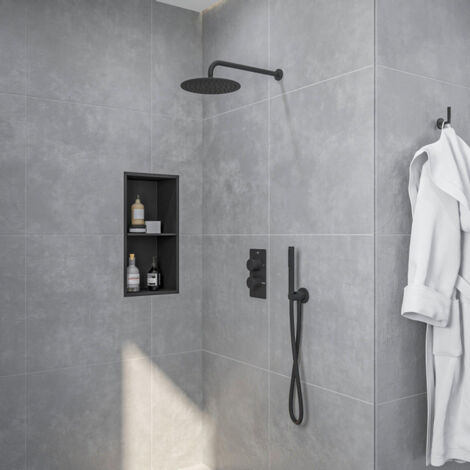 Fortifura Calvi Colonne de douche pluie à encastrer thermostatique avec douche de tête 25cm et douchette stick carré Noir mat (1/5)