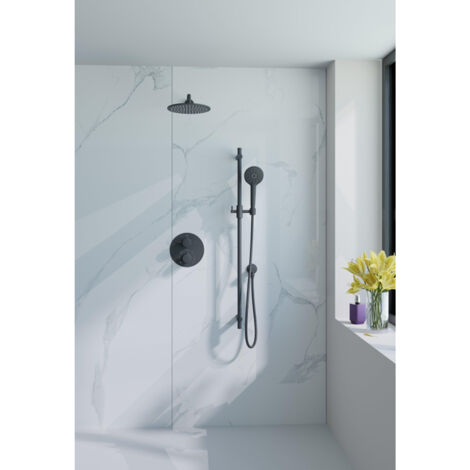 Fortifura Calvi Colonne de douche pluie - encastrable - ronde - thermostatique - bras mural - barre curseur - pomme 25cm - douchette ronde - noir mat (1/5)