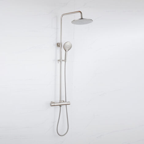 Fortifura Calvi Colonne de douche thermostatique - pomme de douche 30cm - flexible en métal - douchette ronde - inox brossé PVD (1/5)