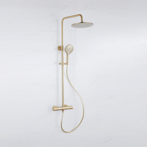 Fortifura Calvi Colonne de douche thermostatique - pomme de douche 30cm - flexible lisse - douchette ronde - laiton brossé PVD