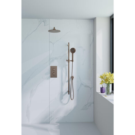 Fortifura Calvi Douche pluie encastrable - thermostatique - bras mural - barre curseur - pomme de douche 25cm - douchette ronde - cuivre brossé