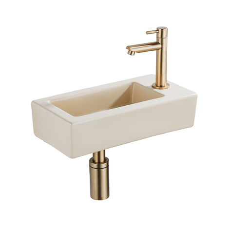 Lave-mains céramique 37.5x18.5x9cm – Trou de robinet à droite – Robinet laiton brossé – Bonde de vidage – Pour salle de bain – Qeramiq