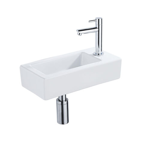 QeramiQ Fontein Fonteinset - 37.5x18.5x9cm - céramique - trou de robinet à droite - robinet lave-mains chrome - bonde de vidage - siphon abaissé - (1/5)