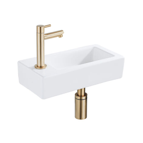 QeramiQ Lave-mains Kit lave-mains - 37.5x18.5x9cm - céramique - trou de robinet gauche - robinet lave-mains en laiton brossé - bonde de vidage -