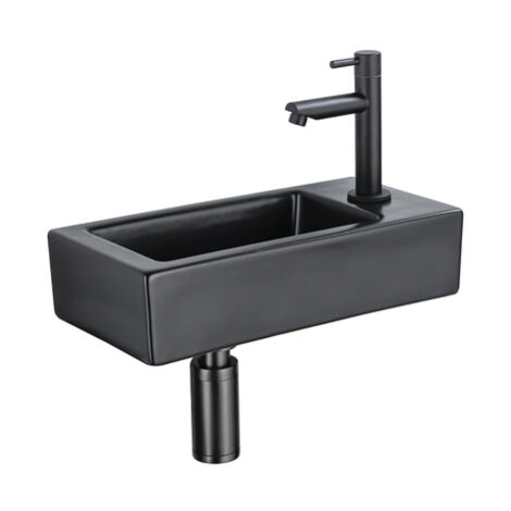 QeramiQ Lave-mains Kit lave-mains - 37.5x18.5x9cm - céramique - trou de robinet à droite - robinet lave-mains noir mat - bonde de vidage - siphon (1/5)