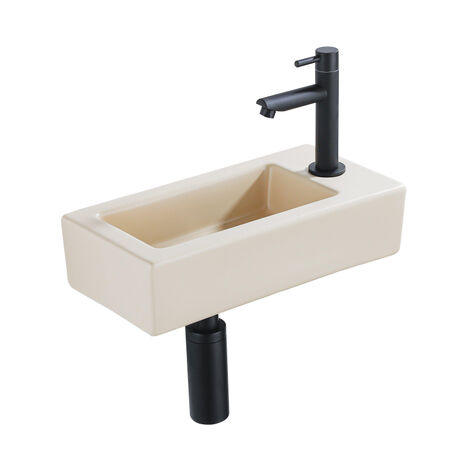 QeramiQ Lave-mains Kit lave-mains - 37.5x18.5x9cm - céramique - trou de robinet à droite - robinet lave-mains noir mat - bonde de vidage - siphon (1/5)