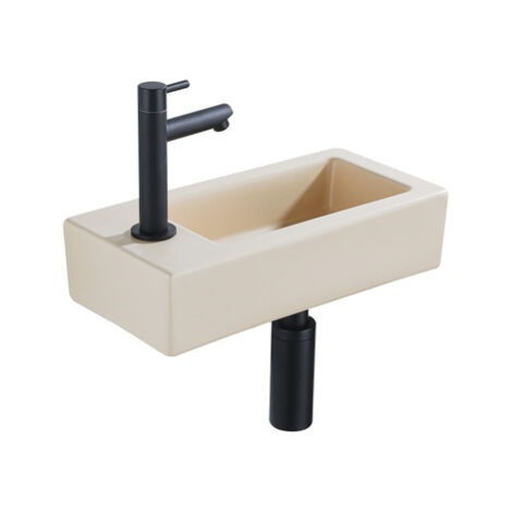 QeramiQ Lave-mains Kit lave-mains - 37.5x18.5x9cm - céramique - trou de robinet gauche - robinet lave-mains noir mat - bonde de vidage - siphon (1/5)