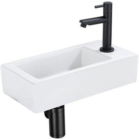 QeramiQ Fontein Fonteinset - 37.5x18.5x9cm - céramique - trou de robinet droite - robinet lave-mains noir mat - bonde de vidage - siphon abaissé - (1/5)