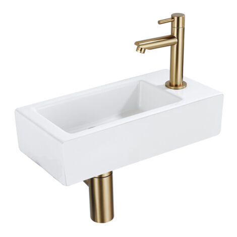 QeramiQ Lave-mains Kit lave-mains - 37.5x18.5x9cm - céramique - trou de robinet à droite - robinet lave-mains en laiton brossé - bonde de vidage -