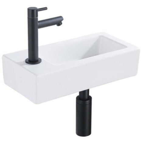 QeramiQ Lave-mains Kit lave-mains - 37.5x18.5x9cm - céramique - trou de robinet gauche - robinet lave-mains noir mat - bonde de vidage - siphon (1/5)
