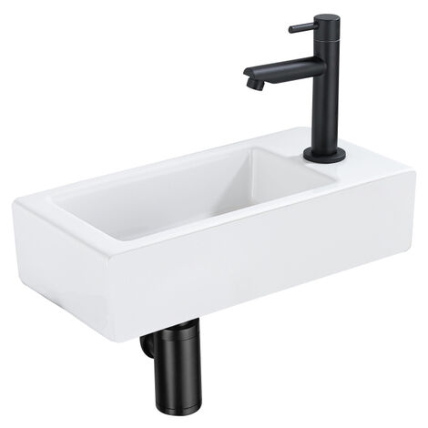 QeramiQ Lave-mains Kit lave-mains - 37.5x18.5x9cm - céramique - trou de robinet à droite - robinet lave-mains noir mat - bonde de vidage - siphon (1/5)
