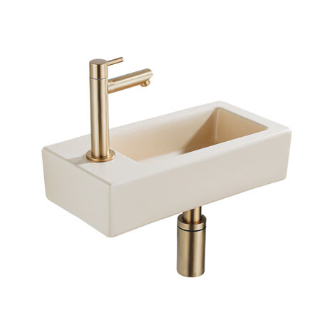 QeramiQ Lave-mains Kit lave-mains - 37.5x18.5x9cm - céramique - trou de robinet gauche - robinet lave-mains en laiton brossé - bonde de vidage -