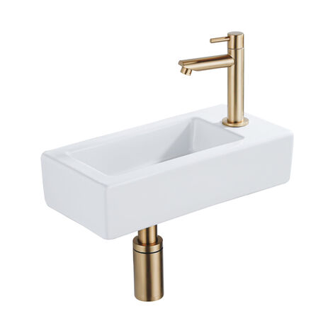 QeramiQ Lave-mains Kit lave-mains - 37.5x18.5x9cm - céramique - trou de robinet à droite - robinet lave-mains en laiton brossé - bonde de vidage -