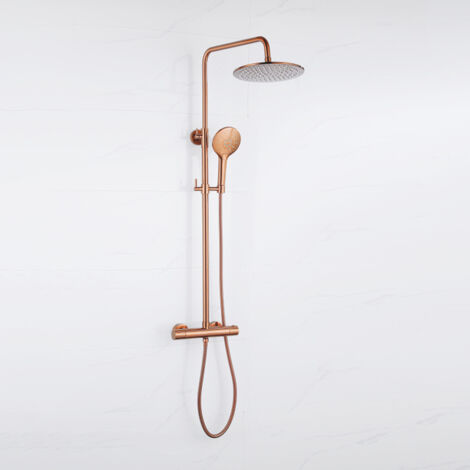 Fortifura Calvi Ensemble de douche pluie - thermostatique - douche principale de 25 cm - flexible en métal - douchette ronde - Cuivre brossé PVD