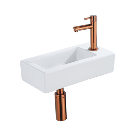 QeramiQ Lave-mains Kit lave-mains - 37.5x18.5x9cm - céramique - trou de robinet à droite - robinet lave-mains en cuivre brossé - bonde de vidage -