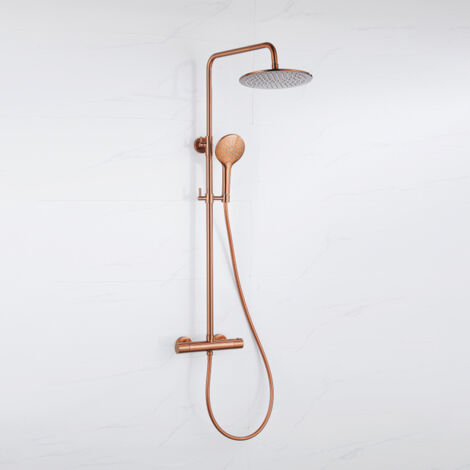 Fortifura Calvi Ensemble de douche pluie - thermostatique - douche principale de 25 cm - flexible lisse - douchette ronde - Cuivre brossé PVD (Cuivre)