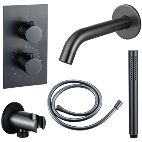 Fortifura Calvi Robinet de baignoire - bec 22cm à raccourcir - flexible - douchette stick - partie encastrable - support mural - Gunmetal (1/5)