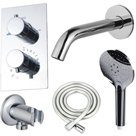 Fortifura Calvi Ensemble de robinet de baignoire - bec - 22cm réductible - corps lisse - douchette ronde - partie encastrable - support mural - chrome (1/5)