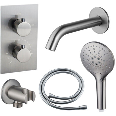 Fortifura Calvi Ensemble de robinet de baignoire - bec - 22cm réductible - corps lisse - douchette ronde - partie encastrable - support mural - inox (1/5)