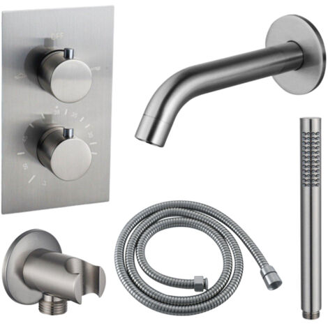 Fortifura Calvi Ensemble de robinet de baignoire - bec - 22cm réductible - flexible en métal - douchette à main - partie encastrable - support mural - (1/5)
