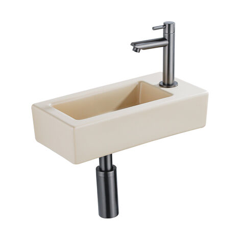 QeramiQ Lave-mains Kit lave-mains - 37.5x18.5x9cm - céramique - trou de robinet à droite - robinet lave-mains gunmetal - bonde de vidage - siphon (1/5)