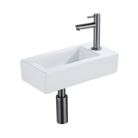 QeramiQ Lave-mains Kit lave-mains - 37.5x18.5x9cm - céramique - trou de robinet à droite - robinet lave-mains gunmetal - bonde de vidage - siphon (1/5)