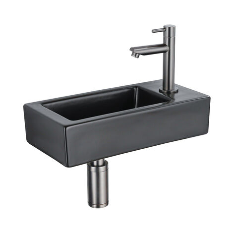 QeramiQ Lave-mains Kit lave-mains - 37.5x18.5x9cm - céramique - trou de robinet à droite - robinet lave-mains gunmetal - bonde de vidage - siphon (1/5)