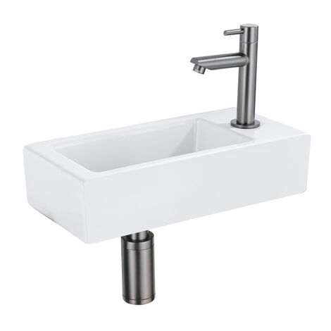 QeramiQ Lave-mains Kit lave-mains - 37.5x18.5x9cm - céramique - trou de robinet à droite - robinet lave-mains gunmetal - bonde de vidage - siphon (1/5)
