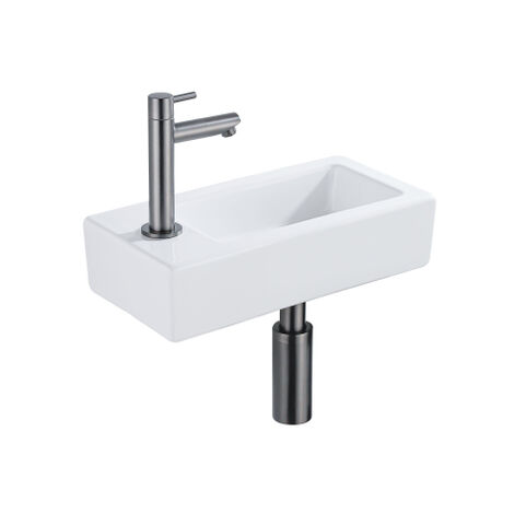 QeramiQ Fontein Fonteinset - 37.5x18.5x9cm - céramique - trou de robinet gauche - robinet lave-mains gunmetal - bonde de vidage - siphon abaissé - (1/5)