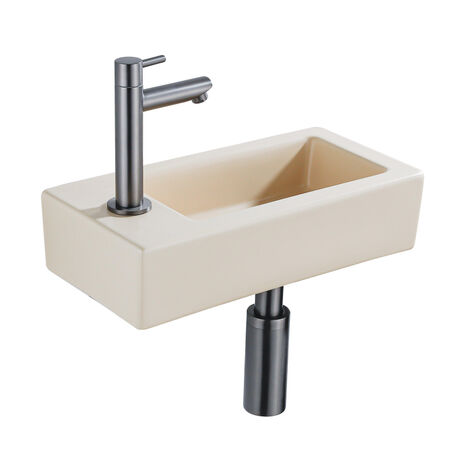 QeramiQ Lave-mains Kit lave-mains - 37.5x18.5x9cm - céramique - trou de robinet gauche - robinet lave-mains gunmetal - bonde de vidage - siphon (1/5)