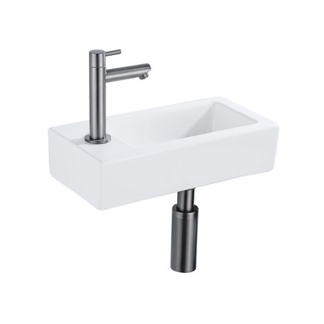 QeramiQ Lave-mains Kit lave-mains - 37.5x18.5x9cm - céramique - trou de robinet gauche - robinet lave-mains gunmetal - bonde de vidage - siphon (1/5)