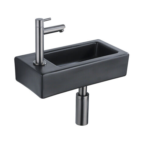 QeramiQ Lave-mains Kit lave-mains - 37.5x18.5x9cm - céramique - trou de robinet gauche - robinet lave-mains gunmetal - bonde de vidage - siphon (1/5)